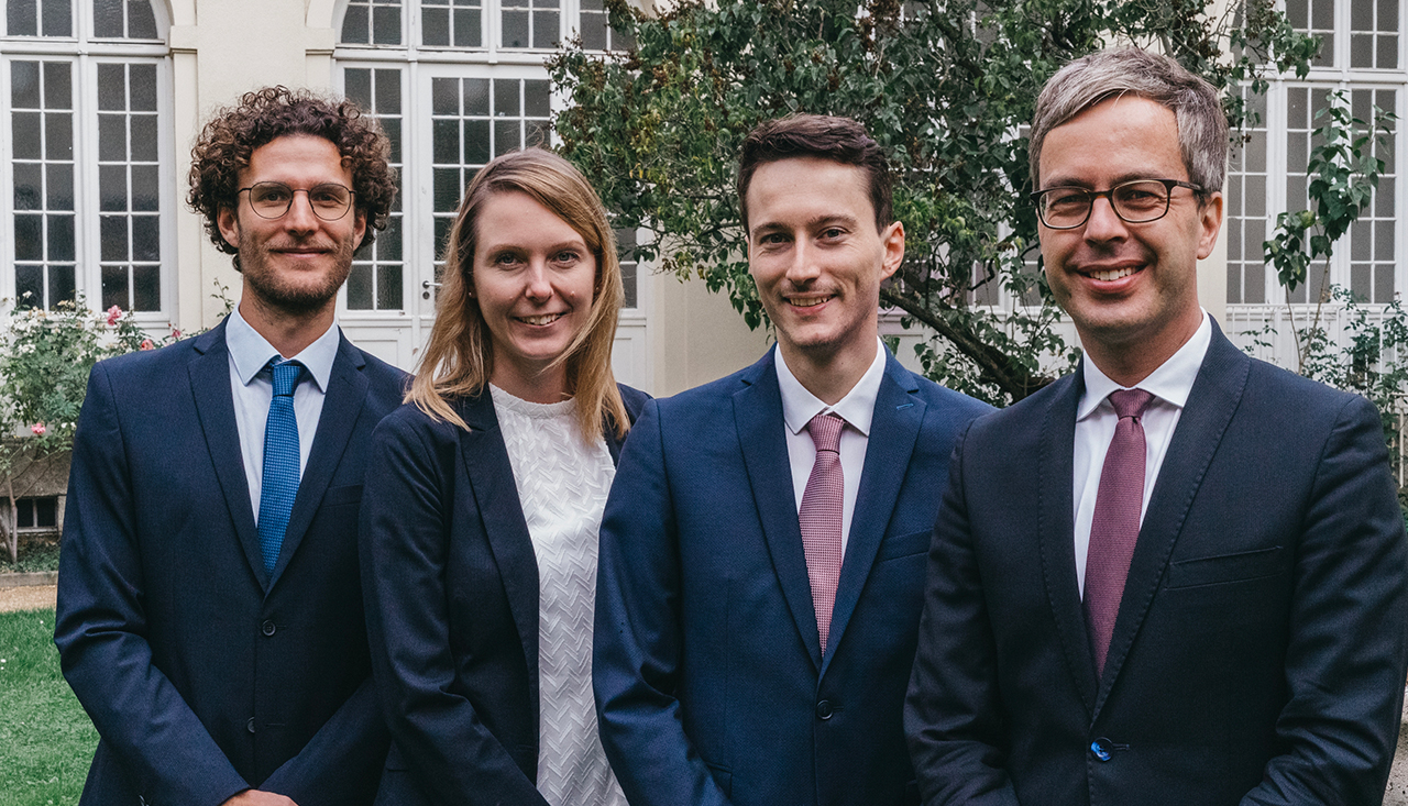 Chair of International Marketing - The Team: from left to right: David Bürgin, Dr. Véronique Slomski, Simon Rabaa, Prof. Dr. Robert Wilken